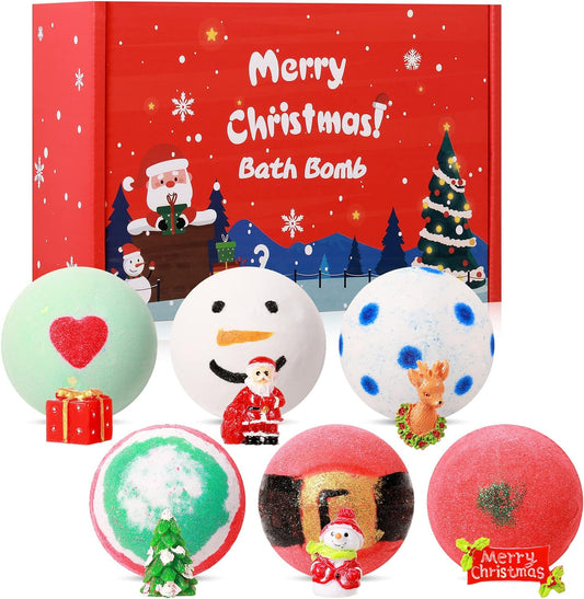 6 Pack Christmas Bath Bombs Set with 6 Pcs Surprise Toys Inside Xmas Bubble Bath Bombs Christmas Colorful Fizz Bath Balls Box Christmas Handmade Bubble Bathbombs for Kids Adults Gift Xmas Theme Party