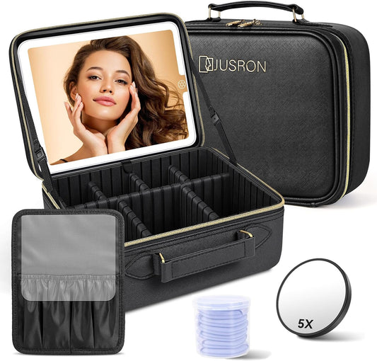 JUSRON Travel Makeup Bag Cosmetic Bag Makeup Organizer Bag with Lighted Mirror 3 Color Scenarios Adjustable Brightness, Waterproof Makeup Train Case