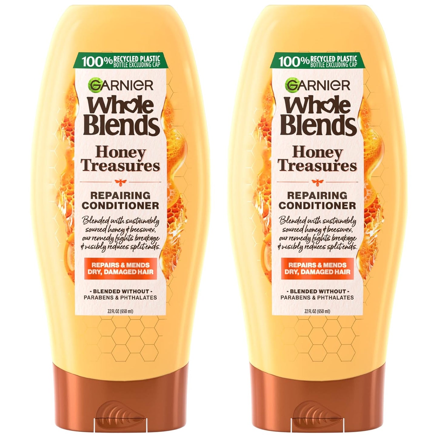 Garnier Whole Blends Honey Treasures Repairing Conditioner, for Dry, Damaged Hair, 22 Fl Oz, 2 Count (Packaging May Vary)