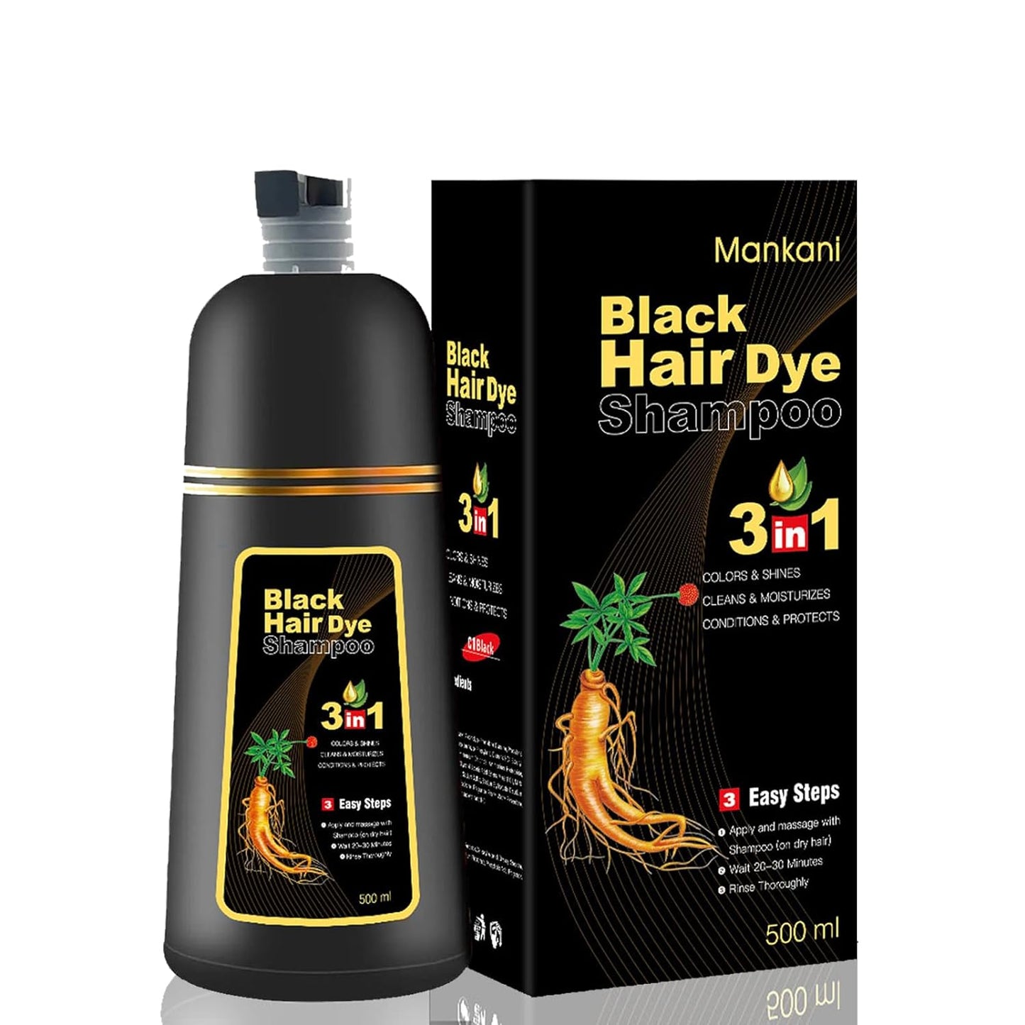 Mankani Black Hair Dye Shampoo 3 in 1 for Women&Men,100% Gray Coverge(shampoo tinte para canas) with Herbal Ingredients Instant Hair Color Shampoo, Long Lasting, No Stain, Ammonia Free 500ML